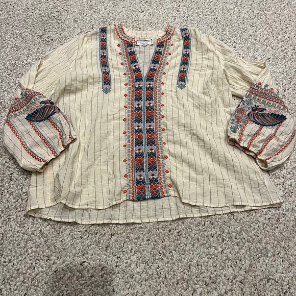 Johnny Was Workshop Claudine Embroidered Peasant Top Sz XL Stripe Boho Cream